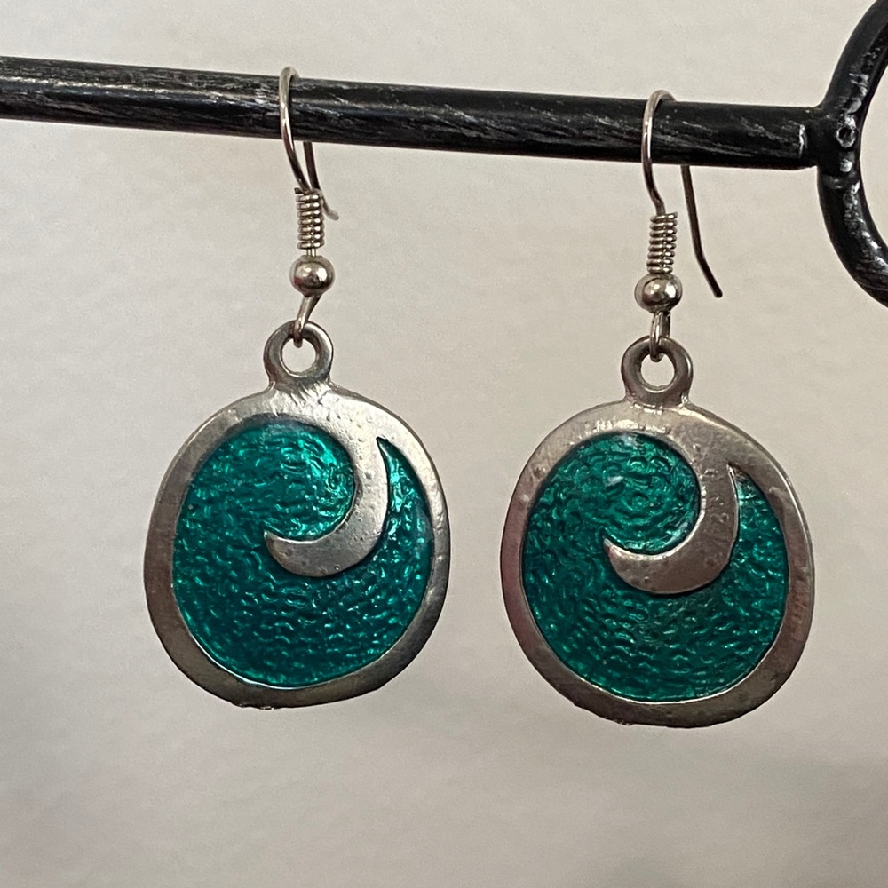 Teal Enamel Wave Swirl Dangle Earrings Silver Tone Boho Summer Beach Coastal - Picture 8 of 12